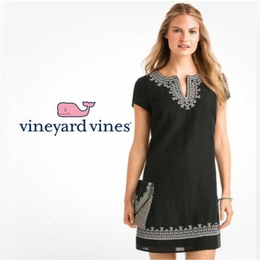 Vineyard Vines Black Mini Dress with White Embroidered Trim